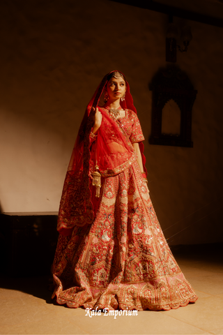 Red Silk Bridal Lehenga with Pearl, Dabka, and Ari Work