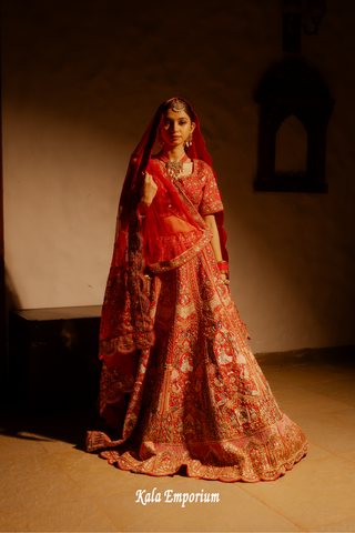 Red Silk Bridal Lehenga with Pearl, Dabka, and Ari Work