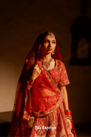 Red Silk Bridal Lehenga with Pearl, Dabka, and Ari Work