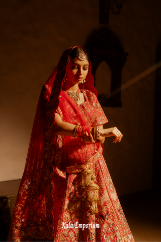 Red Silk Bridal Lehenga with Pearl, Dabka, and Ari Work