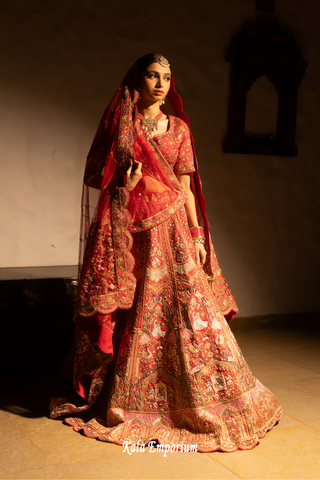 Red Silk Bridal Lehenga with Pearl, Dabka, and Ari Work