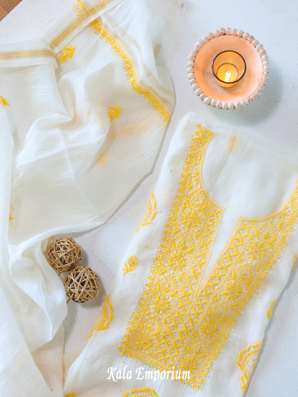 Pure Cotton Chikankari Women's Kurta With Dupatta- White And Yellow