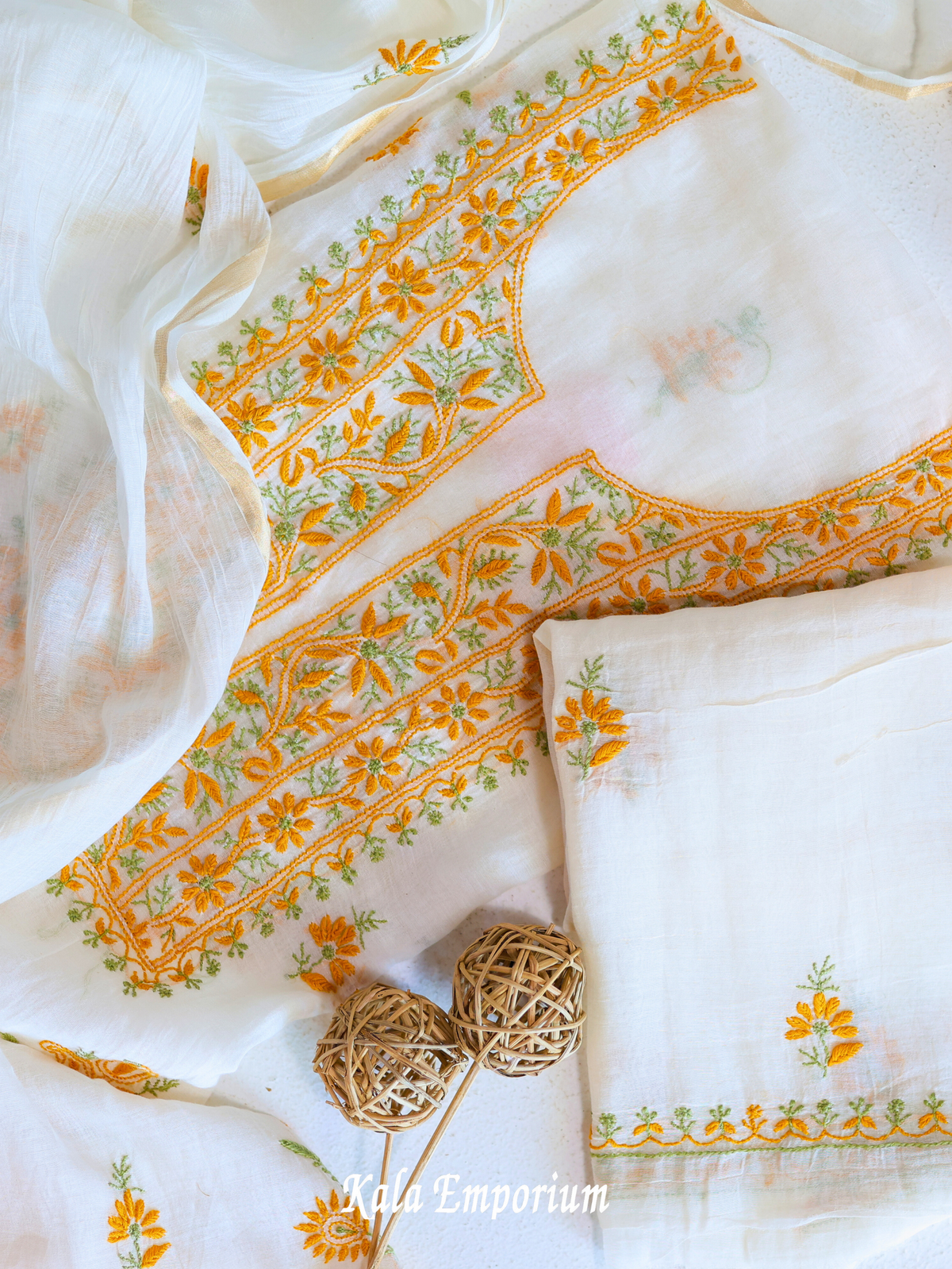 Maheshwari Cotton Chikankari Solid Women's Kurta With Smooth Cotton Dupatta- Yellow And White