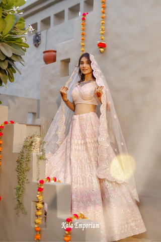 Baby Pink Net Lehenga with Thread and Sequins Work