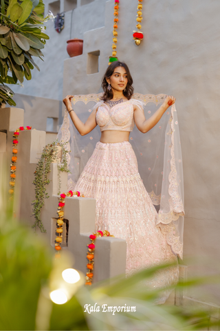 Baby Pink Net Lehenga with Thread and Sequins Work