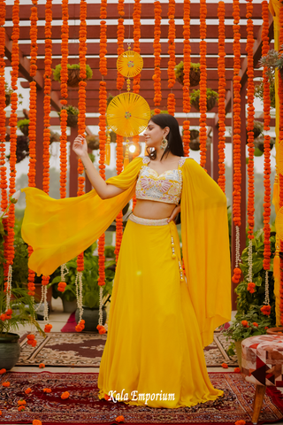 Yellow Indo Western Lehenga with Pearls and Cut Dana Work