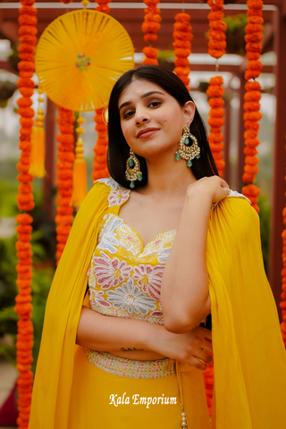 Yellow Indo Western Lehenga with Pearls and Cut Dana Work