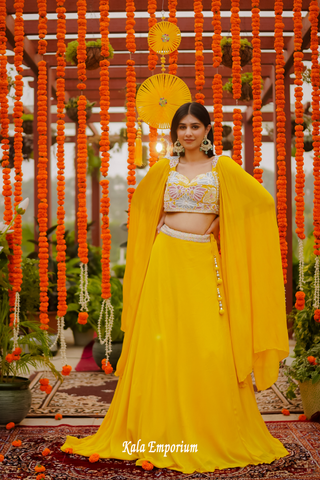 Yellow Indo Western Lehenga with Pearls and Cut Dana Work