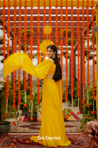 Yellow Indo Western Lehenga with Pearls and Cut Dana Work