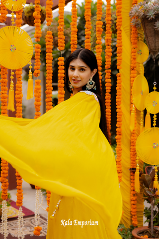 Yellow Indo Western Lehenga with Pearls and Cut Dana Work