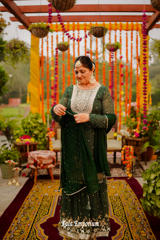 Bottle Green Sharara Suit with Pearl Work