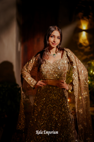 Golden Sequin Lehenga with Cut-Dana Work