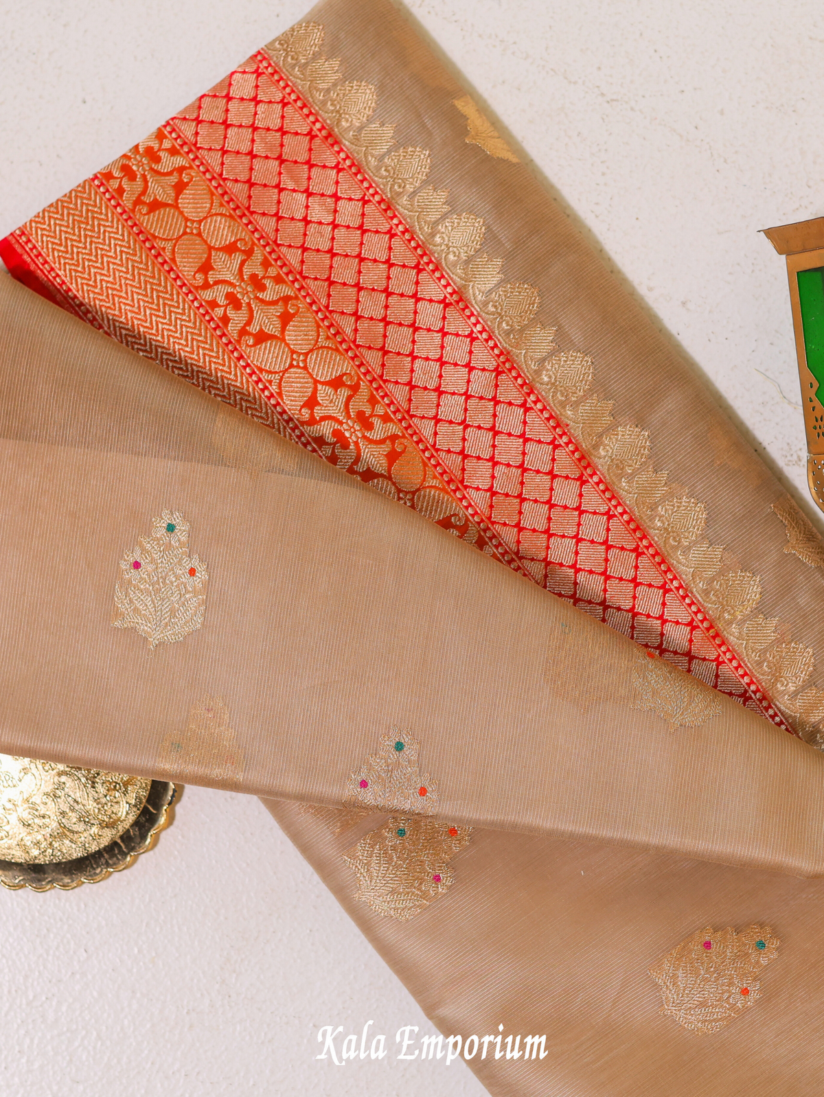 Red/Beige Pure Tissue Saree with Banarsi Hand Weaving