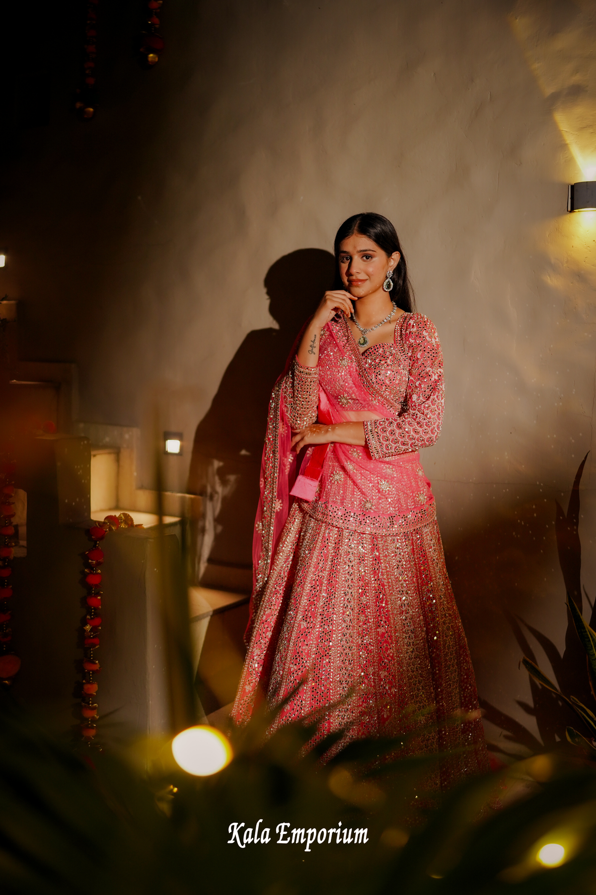 Pink Net Lehenga with Mirror and Thread Work