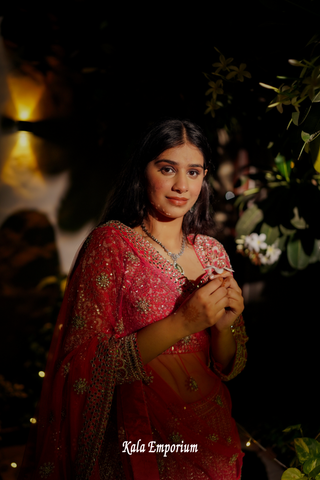 Pink Net Lehenga with Mirror and Thread Work