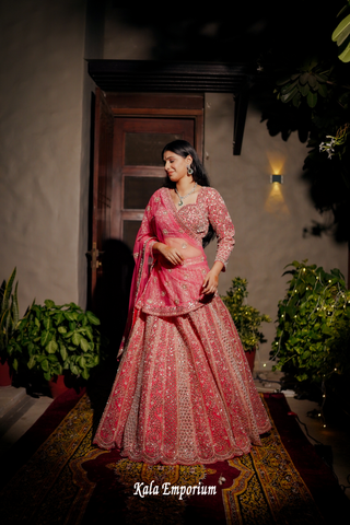 Pink Net Lehenga with Mirror and Thread Work