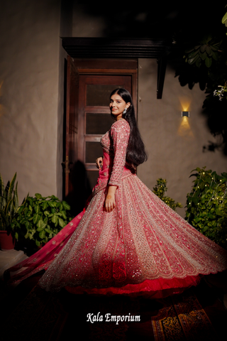 Pink Net Lehenga with Mirror and Thread Work