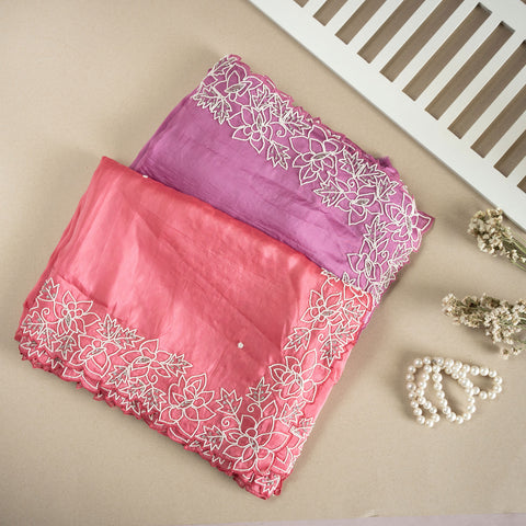 Tabby Silk Saree Adorned With White Pearl Work On The Border Along WIth Pearl Butis Allover