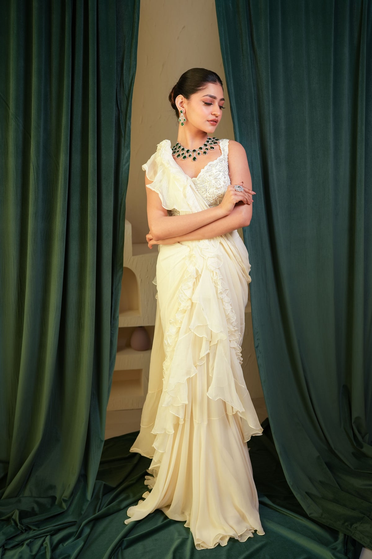 Off-white Georgette Saree with Cut Dana and Pearl Detailing