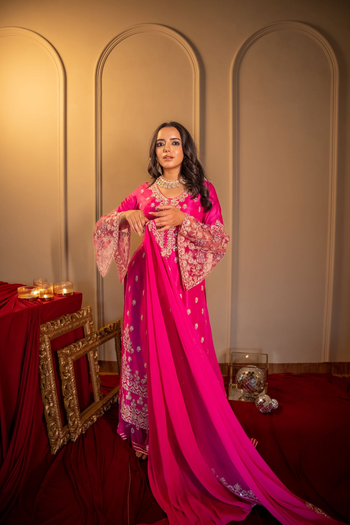 Magenta Pakistani Suit With Sequins And Mirror Work