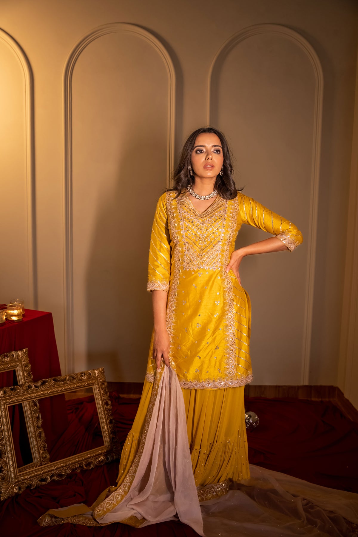 Mustard Palazzo Suit With Sequins And Gotta Patti Work And Net Dupatta