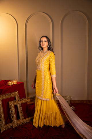 Mustard Palazzo Suit With Sequins And Gotta Patti Work And Net Dupatta