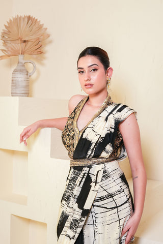 Ebony Black And White Crape Saree With Dabka And Cut Dana Detailing