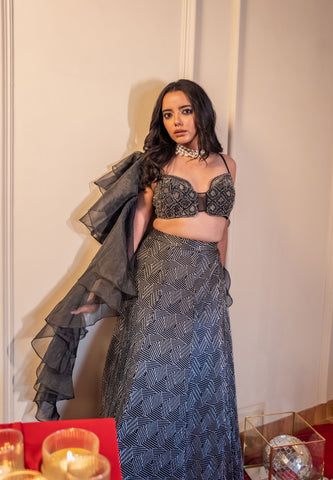 Black Lehenga With Sequins Work And Frill Dupatta