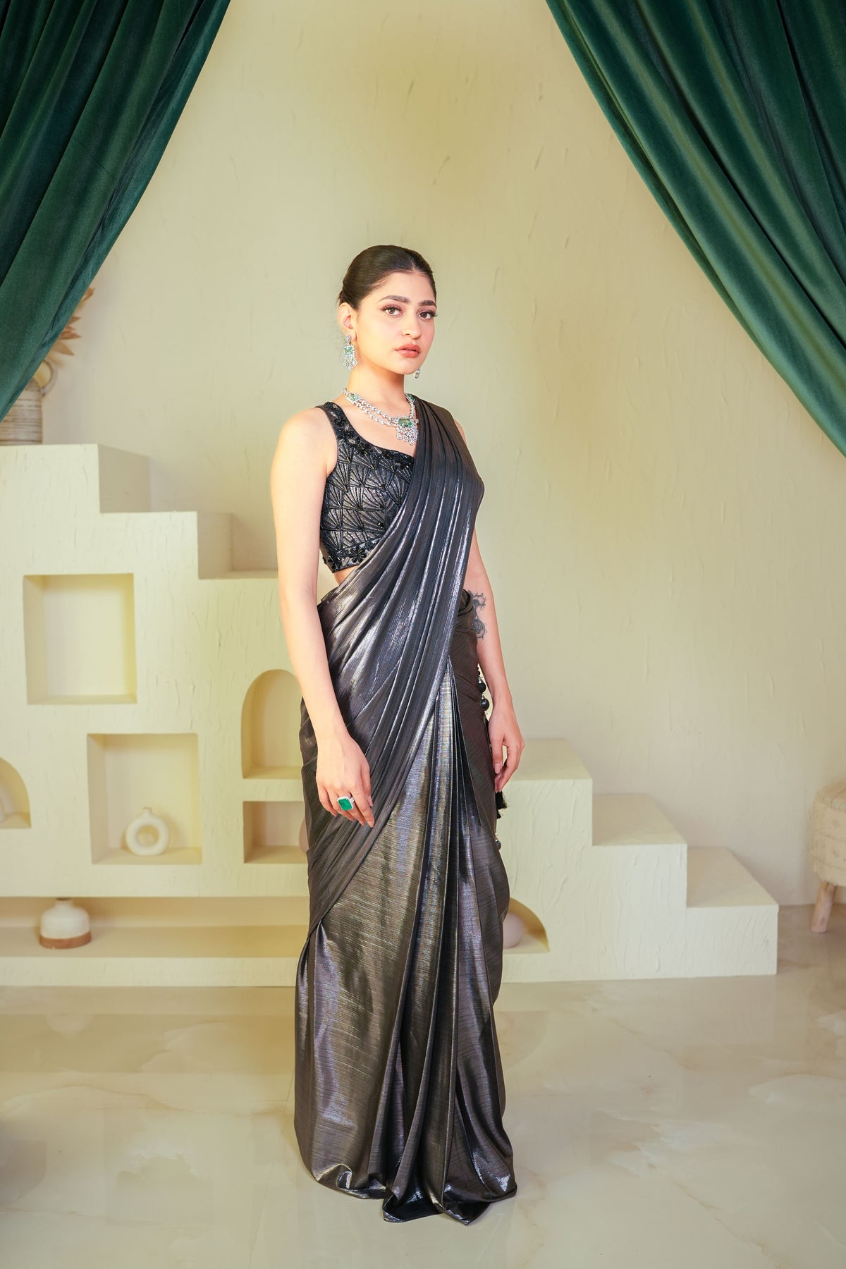 Carbon Black Saree Embellished With Pearls And Cut Dana