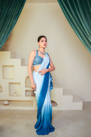 Blue Crape Saree Adorned With Sequins And Pearls