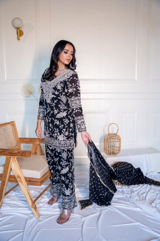 Black Readymade Suit With Thread And Sequins Work With Dupatta