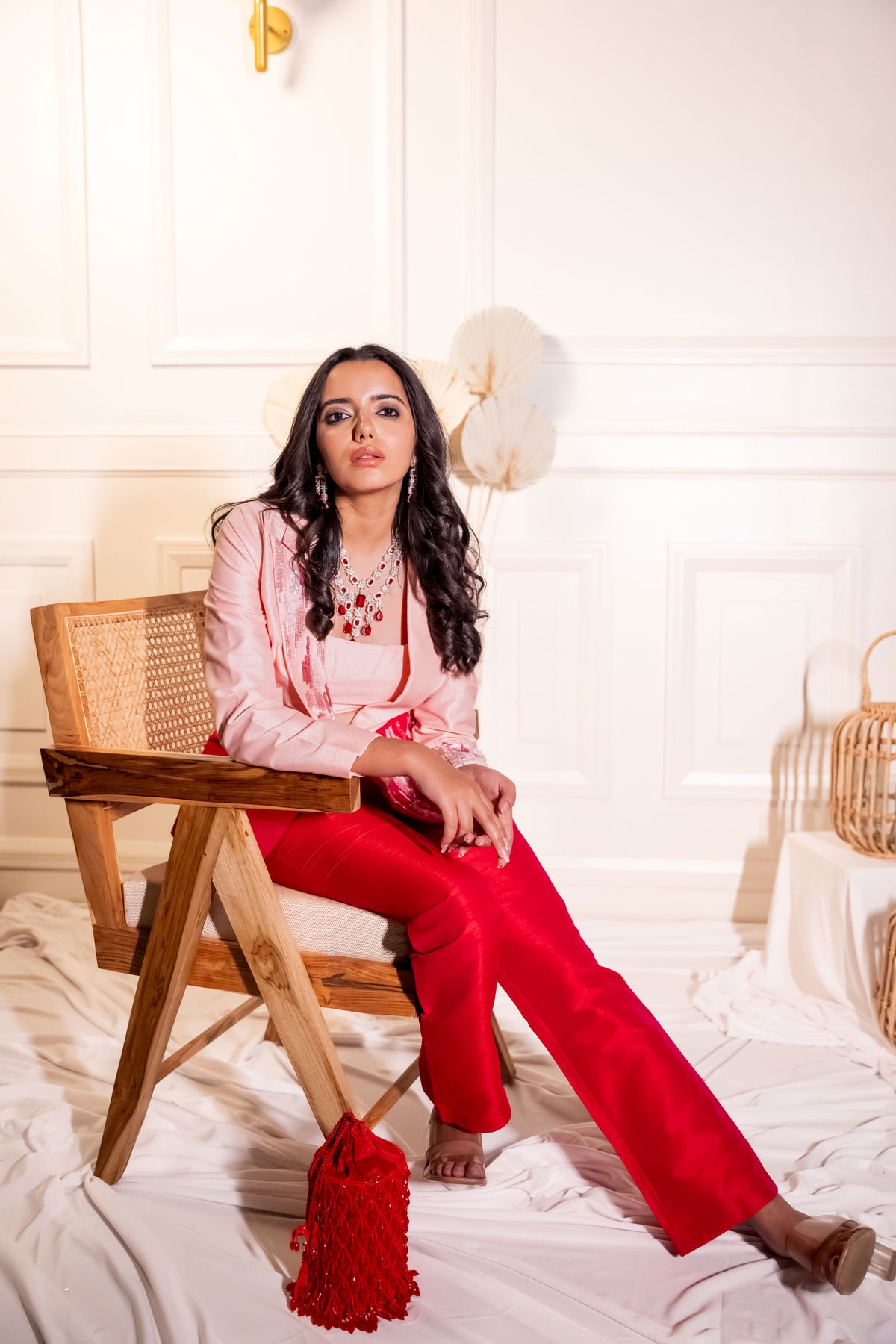 Red And Pink Contrasting Coloured Jacket Suit With Sequins Work