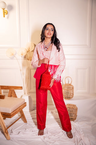 Red And Pink Contrasting Coloured Jacket Suit With Sequins Work