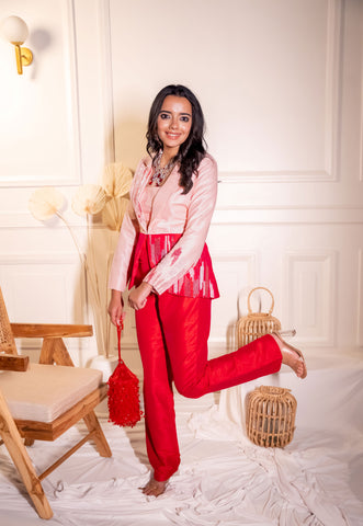 Red And Pink Contrasting Coloured Jacket Suit With Sequins Work