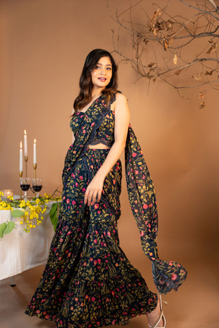 Printed Sharara With Crop Top And Dupatta With Saree Draping