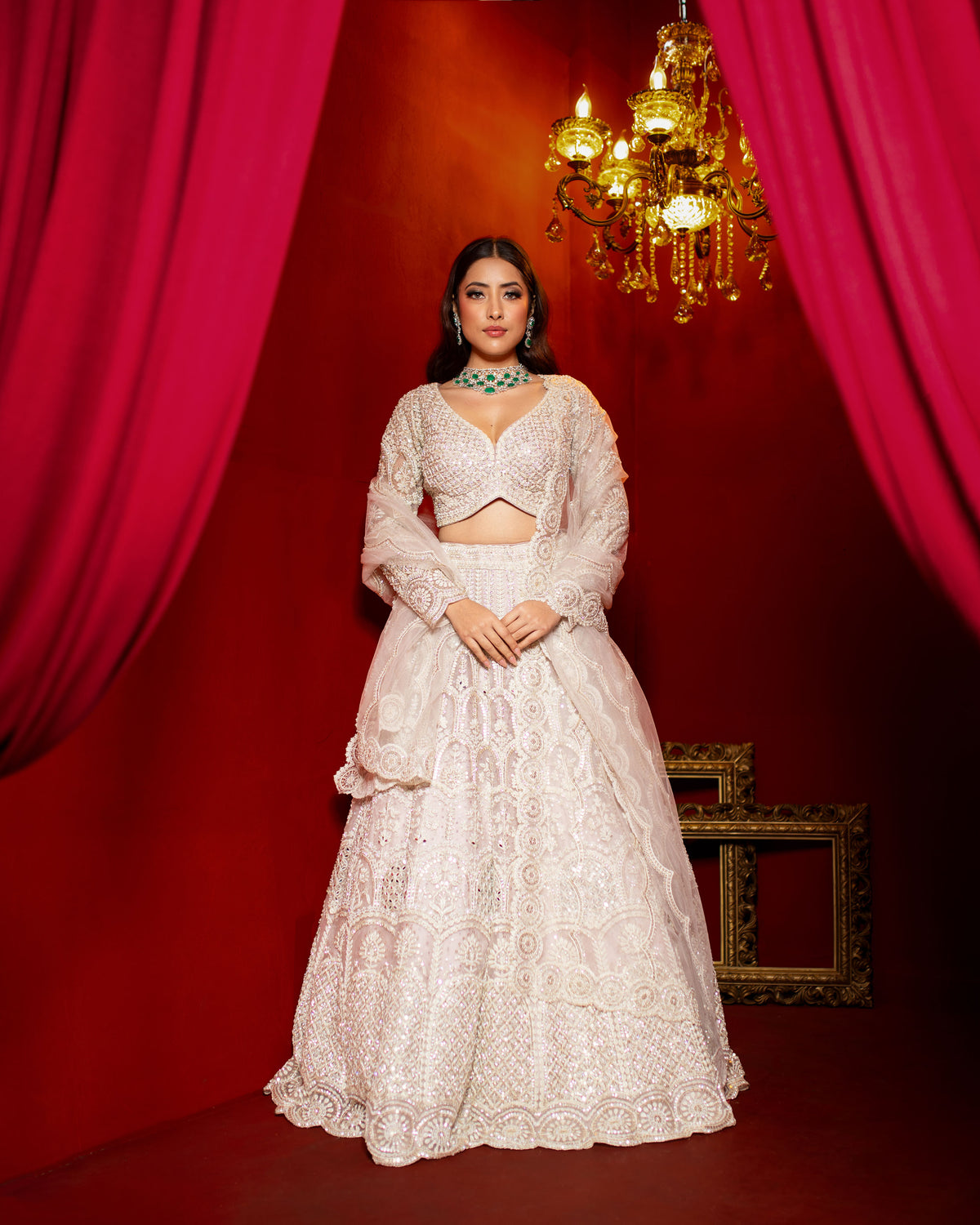 Soft Pink Net Lehenga Adorned With Mirrors, Pearls, and Intricate Threadwork