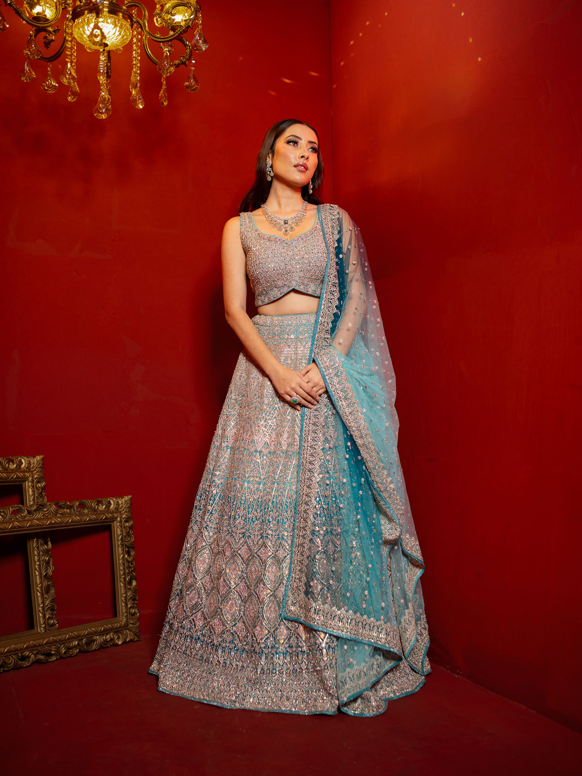 Ocean Blue Net Lehenga With Sequins and Stone Embellishments