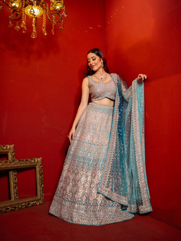 Ocean Blue Net Lehenga With Sequins and Stone Embellishments