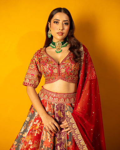 Multi Colored Silk Lehanga with pearl and sequins work