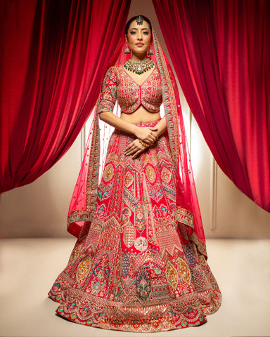 Multi-Colored Silk Lehenga Intricately Adorned with Zari, Pearl and Thread Work