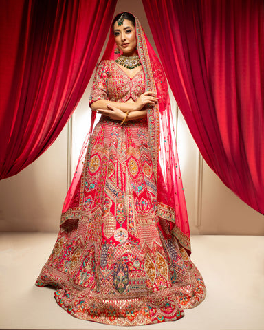 Multi-Colored Silk Lehenga Intricately Adorned with Zari, Pearl and Thread Work