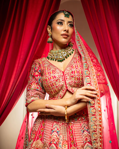 Multi-Colored Silk Lehenga Intricately Adorned with Zari, Pearl and Thread Work