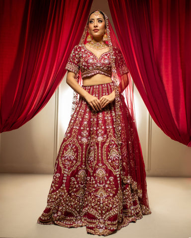 Multi-Colored Silk Lehenga Intricately Adorned with Zari, Pearl and Thread Work