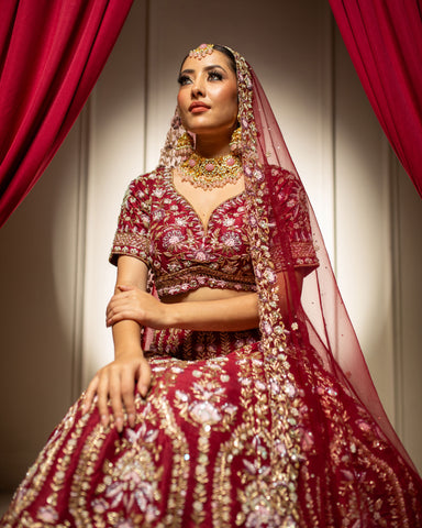 Multi-Colored Silk Lehenga Intricately Adorned with Zari, Pearl and Thread Work