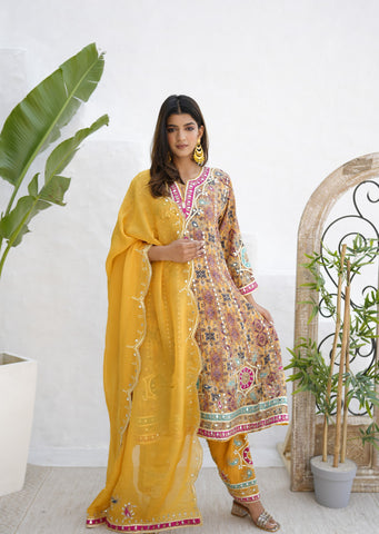 Golden Yellow Crepe Gota Patti Suit Contrasting With Organza Dupatta And Salwar