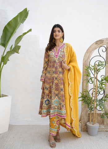 Golden Yellow Crepe Gota Patti Suit Contrasting With Organza Dupatta And Salwar