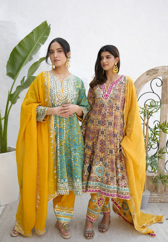 Golden Yellow Crepe Gota Patti Suit Contrasting With Organza Dupatta And Salwar