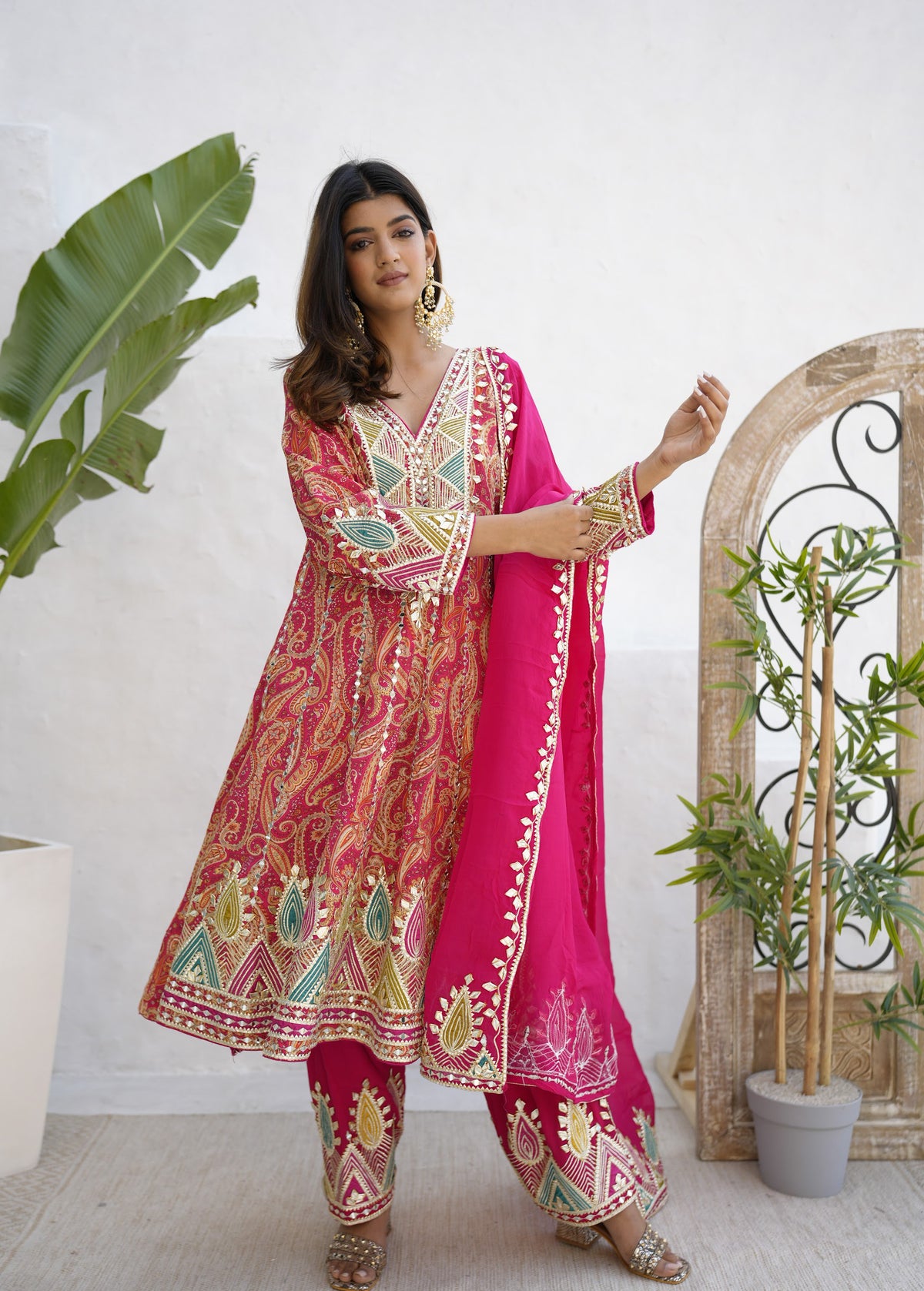 Carrot Coloured Crepe Gota Patti Suit Contrasting With Magenta Dupatta And Salwar