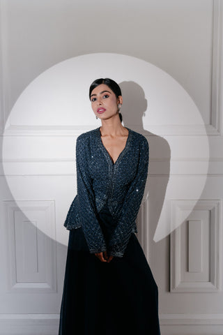Navy Blue Jacket Suit In Organza Embellished With Hand Work In Cut Dana