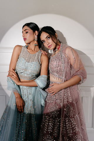 Light Sky Blue Lehenga In Net Embellished With Mirror And Stone Work